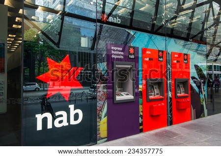 MELBOURNE, AUSTRALIA - November 4, 2014: automatic teller machines outside the Bourke Street offices of the National Australia Bank, one of the four major Australian banks