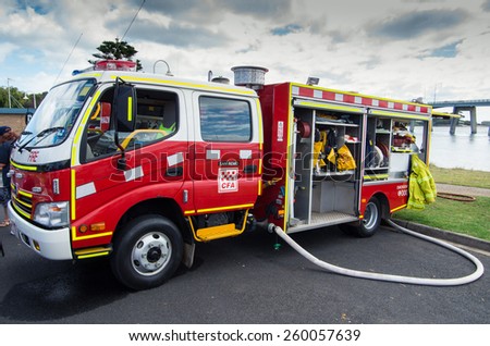 SAN REMO, AUSTRALIA - March 8, 2015: fire truck from the Country Fire Authority in San Remo, Victoria. The CFA is comprised largely of volunteers and regularly fights bushfires.