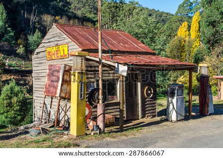 Woods Point, Australia - April 12, 2015: vintage Shell petrol station on Bridge Street in the isolated gold mining town of Woods Point.
