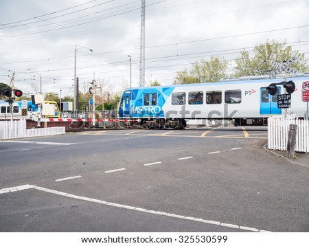 Melbourne, Australia - September 30, 2015: Union Road railway level crossing in Surrey Hills in Melbourne\'s eastern suburbs.