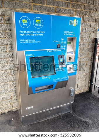 Melbourne, Australia - September 30, 2015: Myki is the ticketing system for Melbourne\'s bus, train and tram public transport network. This is a ticketing machine at Surrey Hills Station.