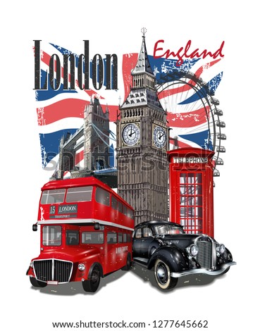 London typography for t-shirt print with Big Ben,retro car,bus and red phone booth.