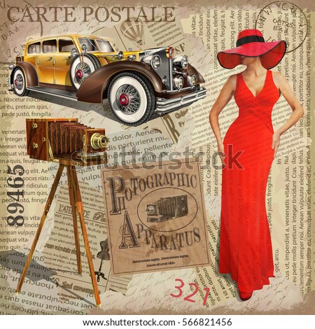 Vintage poster with vintage camera, pretty women and retro car, torn newspaper background.