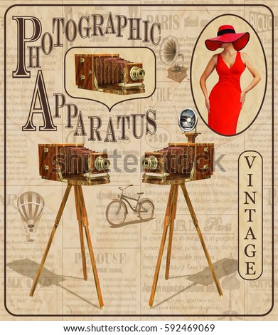 Vintage poster with vintage camera and pretty women on torn newspaper background.