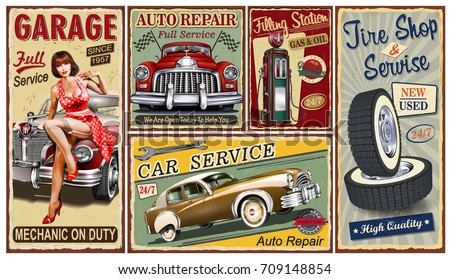 Set of vintage car  metal signs,Garage, Filling Station, Tire Service retro posters.