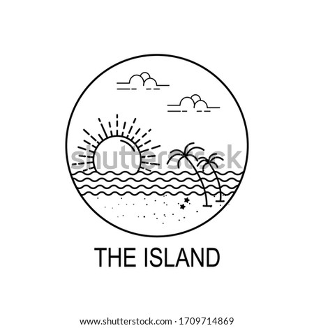 A view on a summer beach with sunset and coconut trees, clams and typography. Vector illustration of line art drawn in a circle.