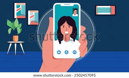 A hand holding a smartphone with a video call screen showing a smiling woman, set in a modern room with stylish decor.

