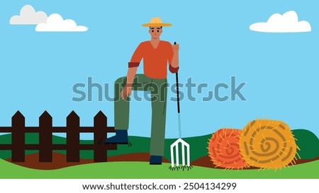 Farmer leaning on a pitchfork by a fence, with hay bales in the background, under a clear sky.

