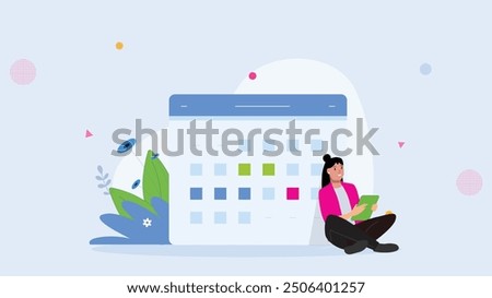 Businesswoman sitting next to a large calendar, holding a tablet, symbolizing scheduling, time management, and work-life balance in a professional setting.

