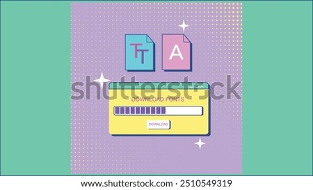 Retro-style font download window with progress bar and font file icons, symbolizing typography, digital downloads, and design resources.

