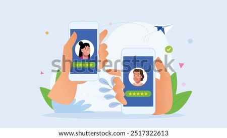 A vector set showing a person holding a phone, using various smartphone apps. Hands scroll through social media, touch the screen, send messages, listen to music, surf the internet, tap the phone for 