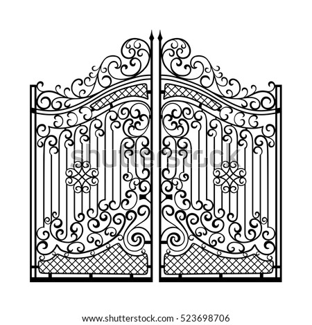 Beautiful Iron Ornament Gates. Black On White Stock Photo 523698706 