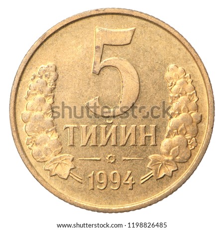 Uzbek coin 5 tiin isolated on white background Imagine de stoc © 