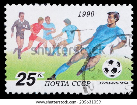 USSR - CIRCA 1990: a stamp printed by USSR shows football players. World football cup in Italy, series, circa 1990