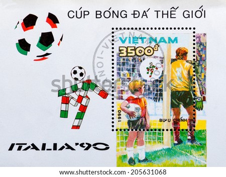 VIETNAM - CIRCA 1990: A stamp printed by Vietnam shows football players. World football cup in Italy, series, circa 1990