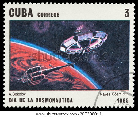 CUBA - CIRCA 1985: A stamp printed in the Cuba shows Docking space satellites, circa 1985.