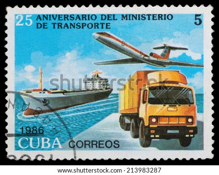 CUBA - CIRCA 1986: A stamp printed in the Cuba shows trucks - which carries and delivers mail, circa 1986
