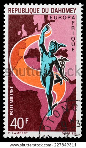 DAHOMEY - CIRCA 1970: stamp printed by Dahomey, shows Mercury, Map of Africa and Europe, circa 1970