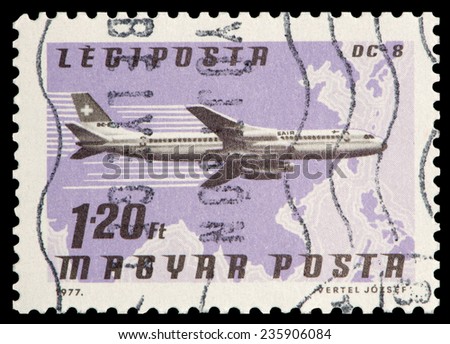 HUNGARY - CIRCA 1977: A stamp printed in Hungary shows DC-8 aircraft company SAIR, circa 1977