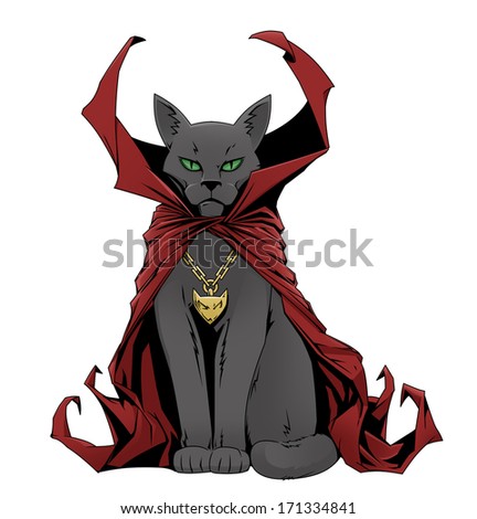 Sly cat in a brown cloak on a white background