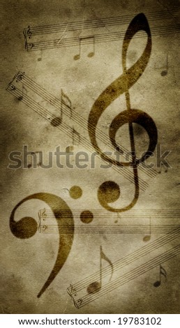 Treble and bass clefs on a grungy parchment