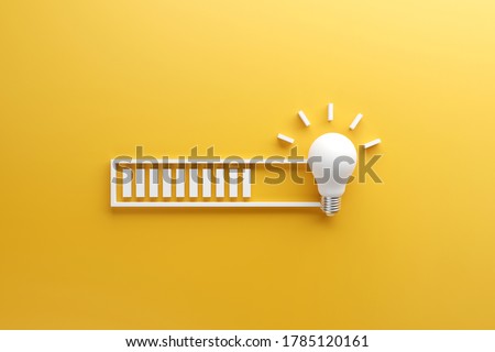 Loading bar almost complete with idea beeing processed on a light bulb on yellow background. 3d render.