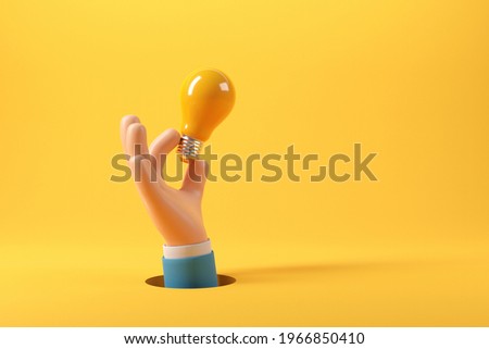 Hand of businessman holding light bulb on yellow background. Business creative idea concept. Copy space, 3d render.