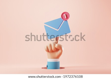 Hand of businessman pressing an new email notification icon with one e-mail message. minimal design. 3d rendering