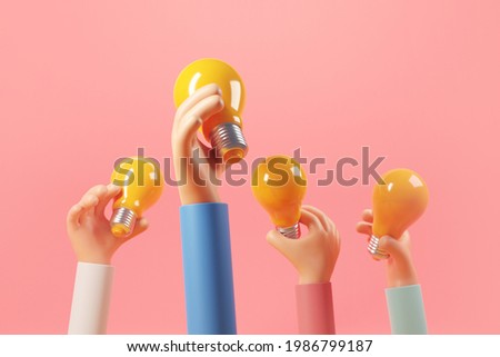 Hands of people holding light bulbs on yellow background. Great ideas competition, Creative idea concept, 3d render.