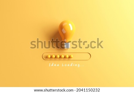 Idea Loading, Loading bar almost complete with idea being processed on a light bulb on yellow background. 3d render. 商業照片 © 