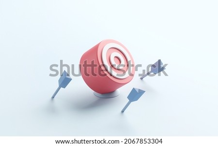 Blue arrows missed hitting target mark on blue background. Multiple failed inaccurate attempts to hit archery target. Concept of business strategy and challenge failure. 3d render. Foto stock © 