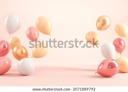 Pastel balloons on pink background. 3d rendering, Birthday party background, Copy space.