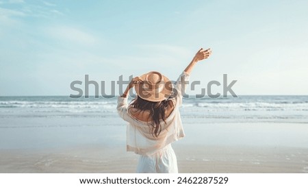 Image, Stock Photo summer hat in the hand near the sea with copyspace