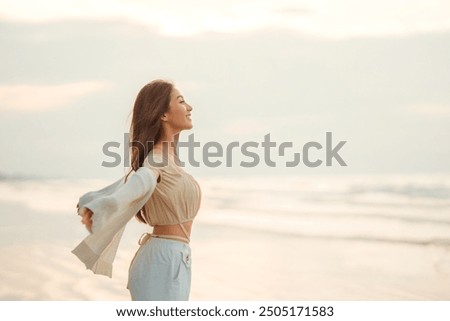 Similar – Image, Stock Photo Free Happy Woman Enjoying Sun on Vacations.