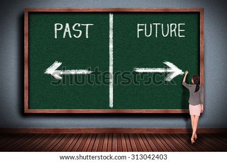 Businesswoman drawing future or past on chalkboard