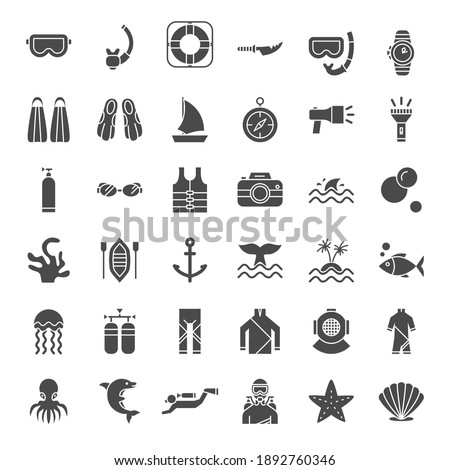 Diving Solid Web Icons. Vector Set of Sea Glyphs.