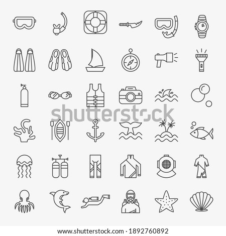 Diving Line Icons Set. Vector Thin Outline Sea Symbols.