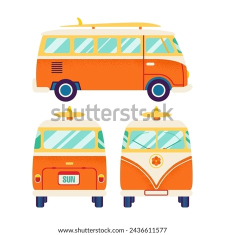 Surf Van All Views Isolated Flat. Vector Illustration of Car for Trip Object over White Background. 