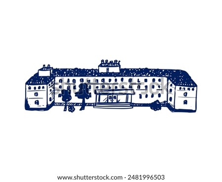 Kharkiv University Building Sketch. Vector Illustration of Doodle Style Ukraine Architecture.