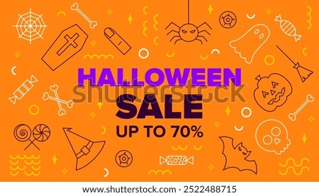 Haloween Sale Line Banner. Vector Illustration of Outline and Contour Style. Trick or Treat. Scary Party. Discount Up to 70% Promotion.