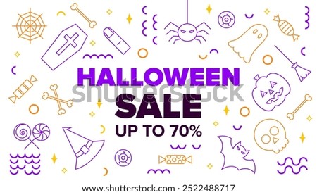 Green Haloween Sale Line Banner. Vector Illustration of Outline and Contour Style. Trick or Treat. Scary Party. Discount Up to 70% Promotion.