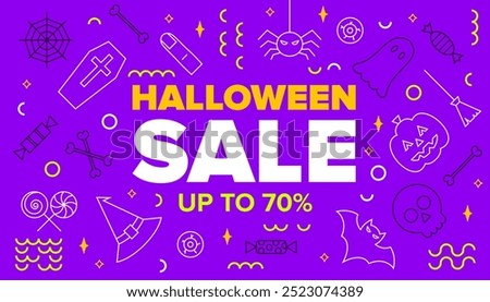 Purple Haloween Sale Line Banner. Vector Illustration of Outline and Contour Style. Trick or Treat. Scary Party. Discount Up to 70% Promotion.