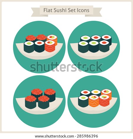 Flat Food Sushi Set Circle Icons. Set of Japan Food. Restaurant food. Menu. Vector Illustration. Flat Circle Icons for web. Sushi rolls. Restaurant food. Asian Menu