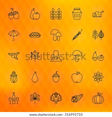 Thanksgiving Day Thin Line Icons Set. Vector Collection of Thanksgiving Dinner Autumn Holiday Thin Line Icons for Web and Mobile over Polygonal Blurred Background. Food Traditional Bundle