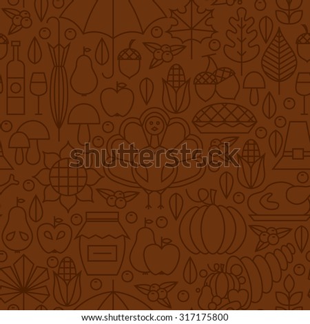 Thin Line Holiday Thanksgiving Day Brown Seamless Pattern. Vector Autumn Thanksgiving Dinner Design and Seamless Background in Trendy Modern Line Style.  Outline Art. Traditional National Celebration
