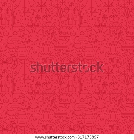 Thin Holiday Line Thanksgiving Day Red Seamless Pattern. Vector Autumn Thanksgiving Dinner Design and Seamless Background in Trendy Modern Line Style. Outline Art. Traditional National Celebration
