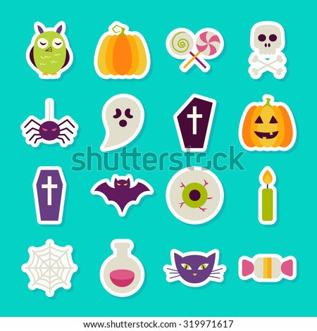 Halloween Party Stickers Set. Flat Style Vector Illustration. Autumn Halloween Party Holiday Sticker Collection. Tricks and Treats.