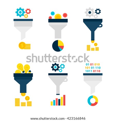 Funnel Chart Flat Objects Set isolated over White. Flat Design Vector Illustration. Collection of Data Filter Items. Funnel Conversion.