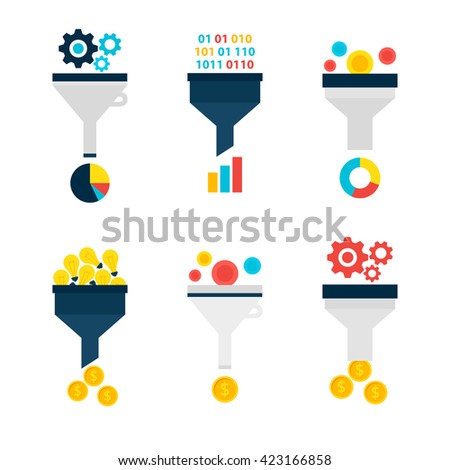 Business Sales Funnel Objects Set isolated over White. Flat Design Vector Illustration. Collection of Data Filter Items. Funnel Conversion.