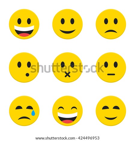 Yellow Smiley Faces Objects. Vector Illustration of Flat Style Icons isolated over White.